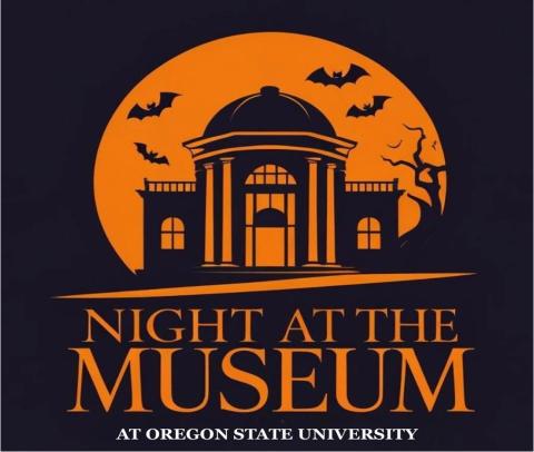 Creepy halloween museum with bats against an OSU orange moon
